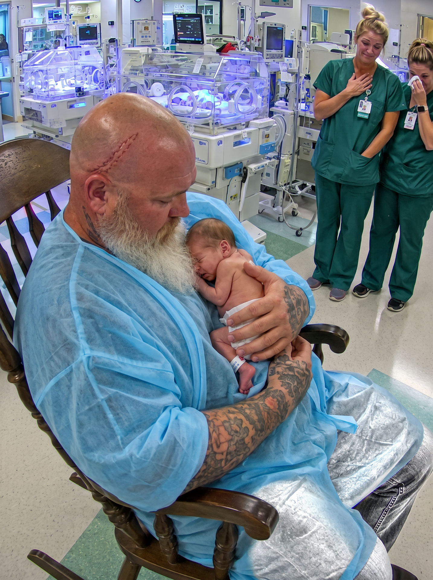 Tattooed man in a neonatal care unit