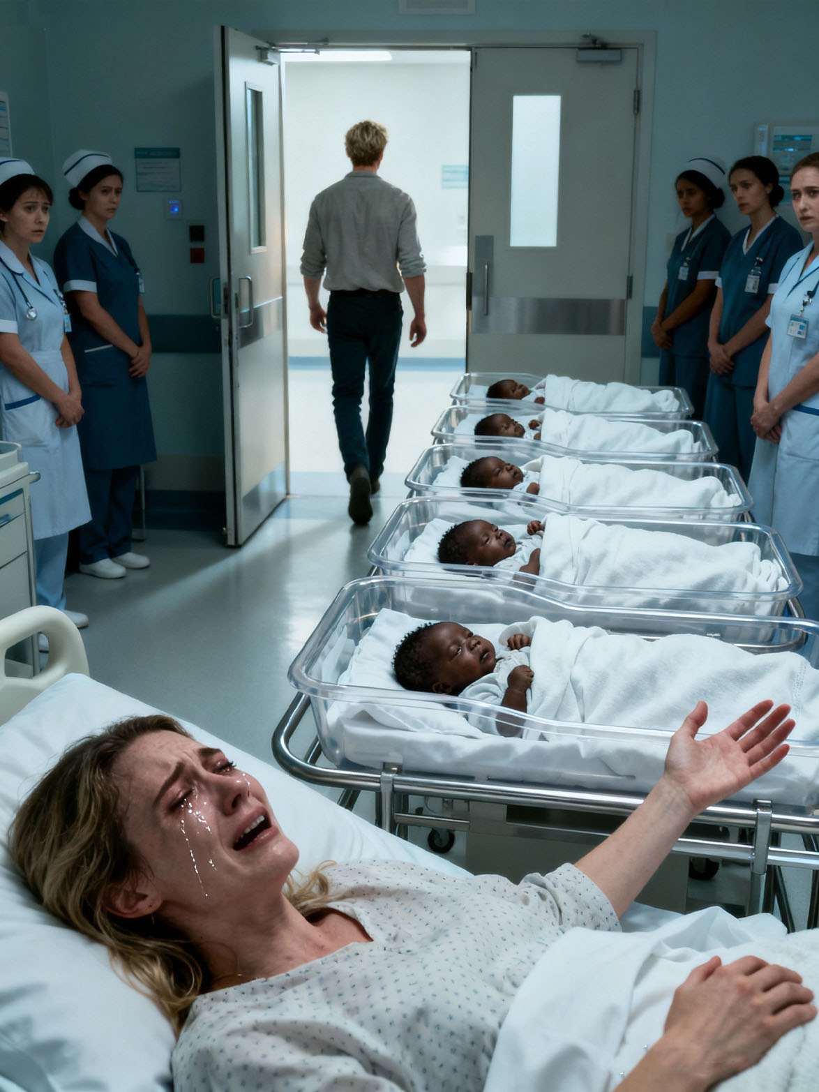 A dramatic scene of a young woman with her babies