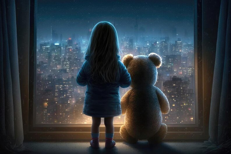 Little girl holding a stuffed animal in front of a large window at night