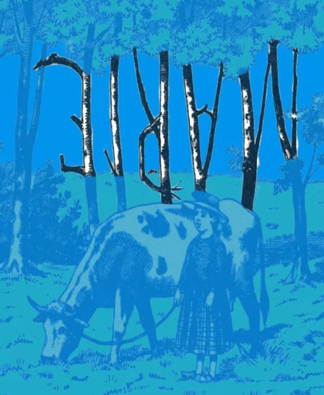 Cow and young woman in a forest