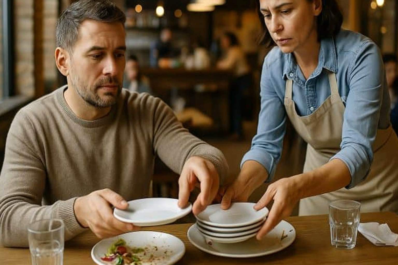 Helping a waiter clear the table
