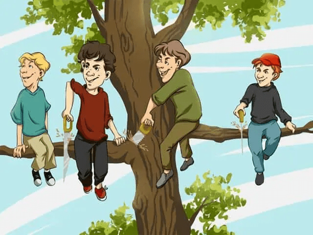 Four children perched in a tree, one holding a saw