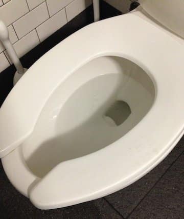 American restroom with U-shaped toilet seat